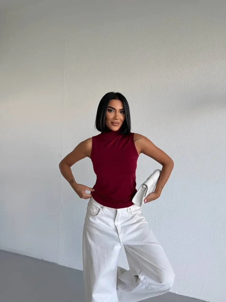 Kadın Bordo Balıkçı Yaka Sıfır Kol Sandy Crop Bluz HZL26S-FRY123931