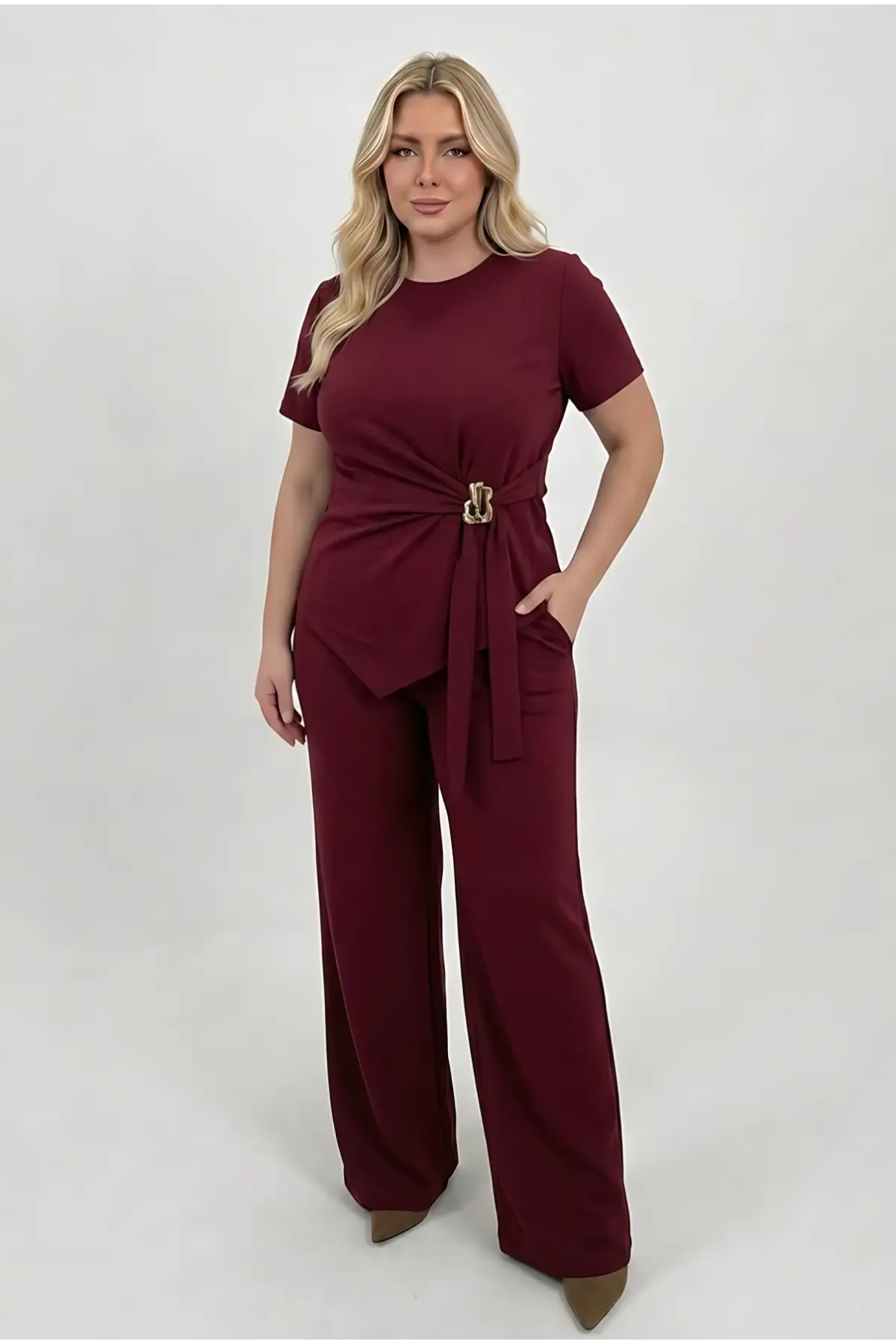 Kadın Bordo Büyük Beden Oysho Kumaş Gold Toka Detaylı Alt Üst Takım HZL26S-ZSS111291