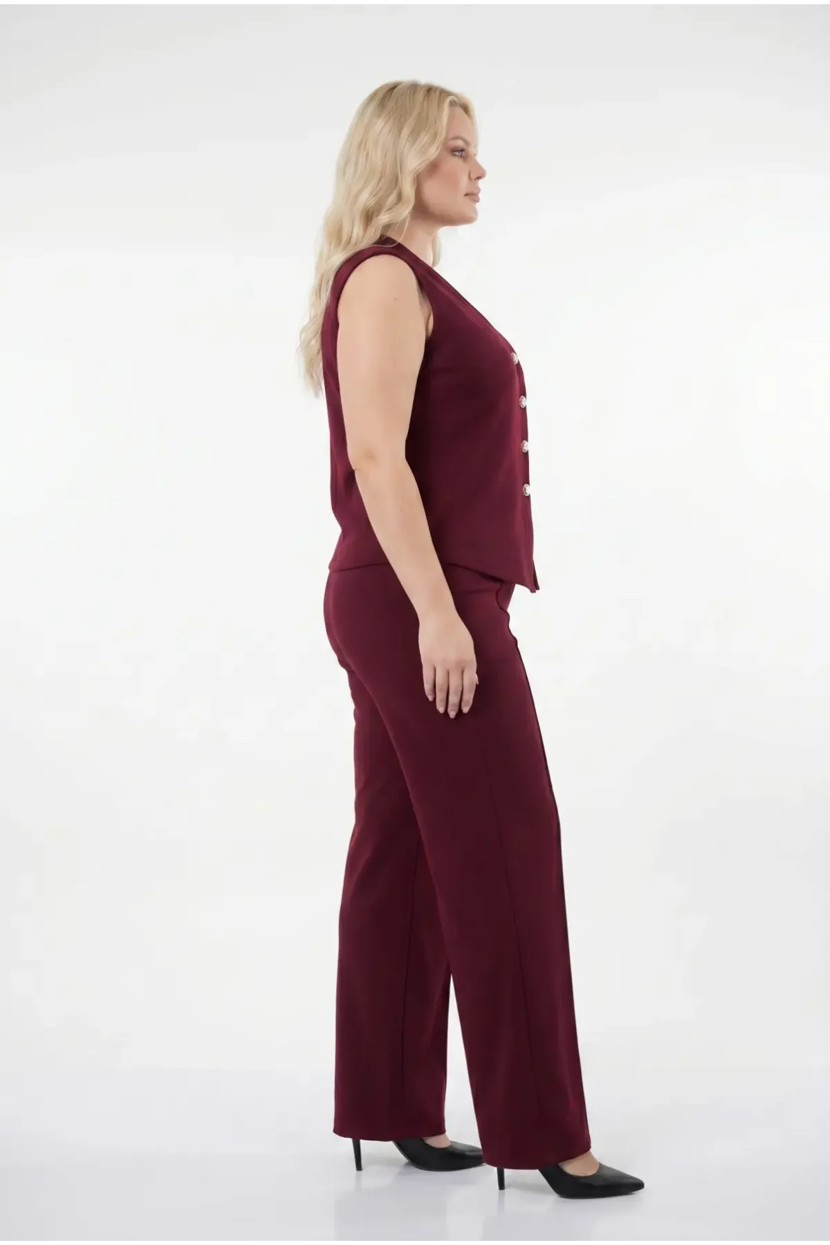 Kadın Bordo Büyük Beden V Yaka Yelek Pantolon İkili Takım HZL26S-PR12131