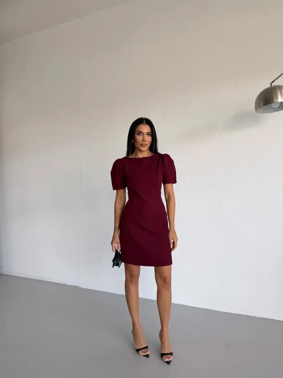 Kadın Bordo Kayık Yaka Fileto Cep Kısa Kollu Mini Elbise HZL26S-FRY123891