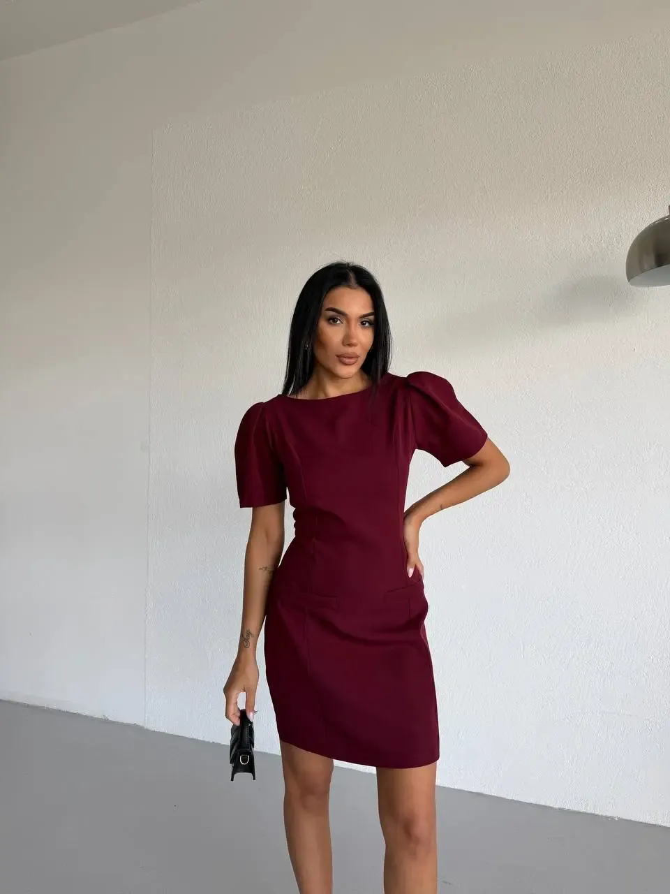 Kadın Bordo Kayık Yaka Fileto Cep Kısa Kollu Mini Elbise HZL26S-FRY123891
