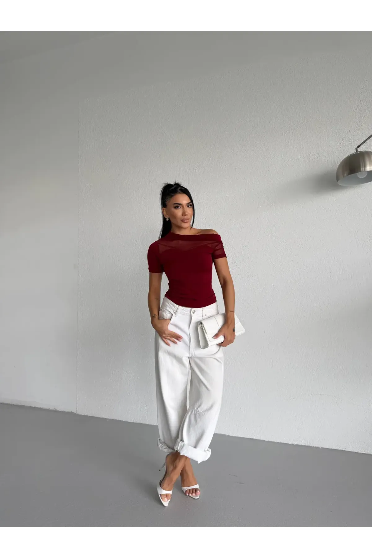 Kadın Bordo Tek Omuz Transparan Tül Detaylı Şık Sandy Bluz HZL26S-FRY123871