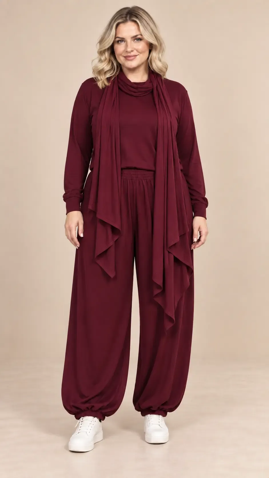 Kadın Büyük Beden Oysho Kumaş Bordo Şallı Bluz Lastikli Pantolon Üçlü Takım HZL26S-ZSS19911