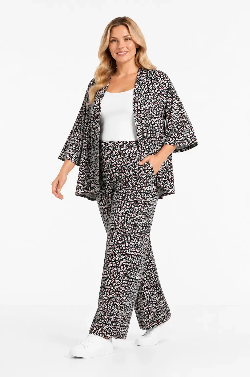 Kadın Büyük Beden Çiçek Desenli Siyah Kimono Takım HZL26S-PR10181