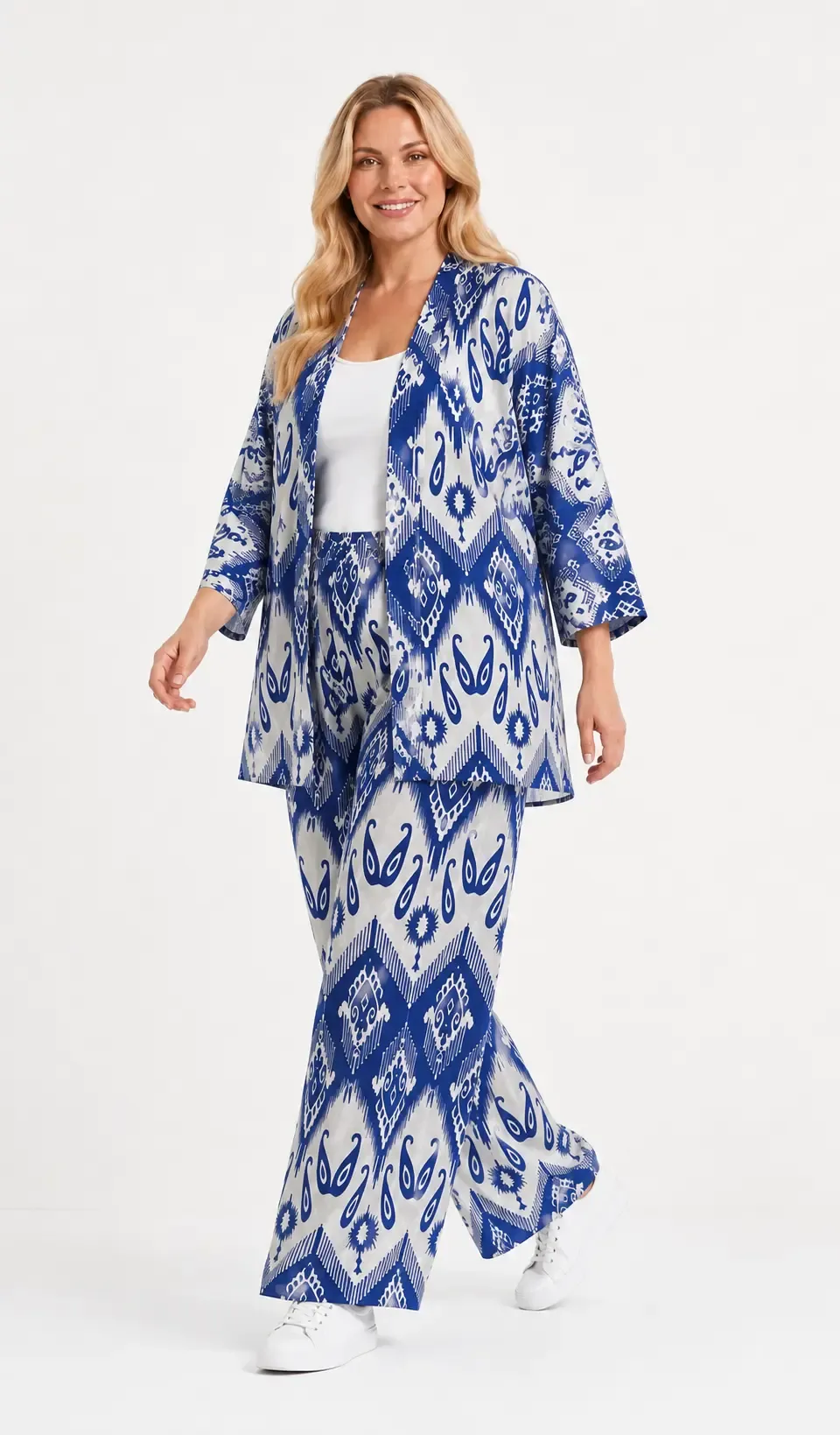Kadın Büyük Beden Etnik Desenli Mavi Kimono Takım HZL26S-PR10181