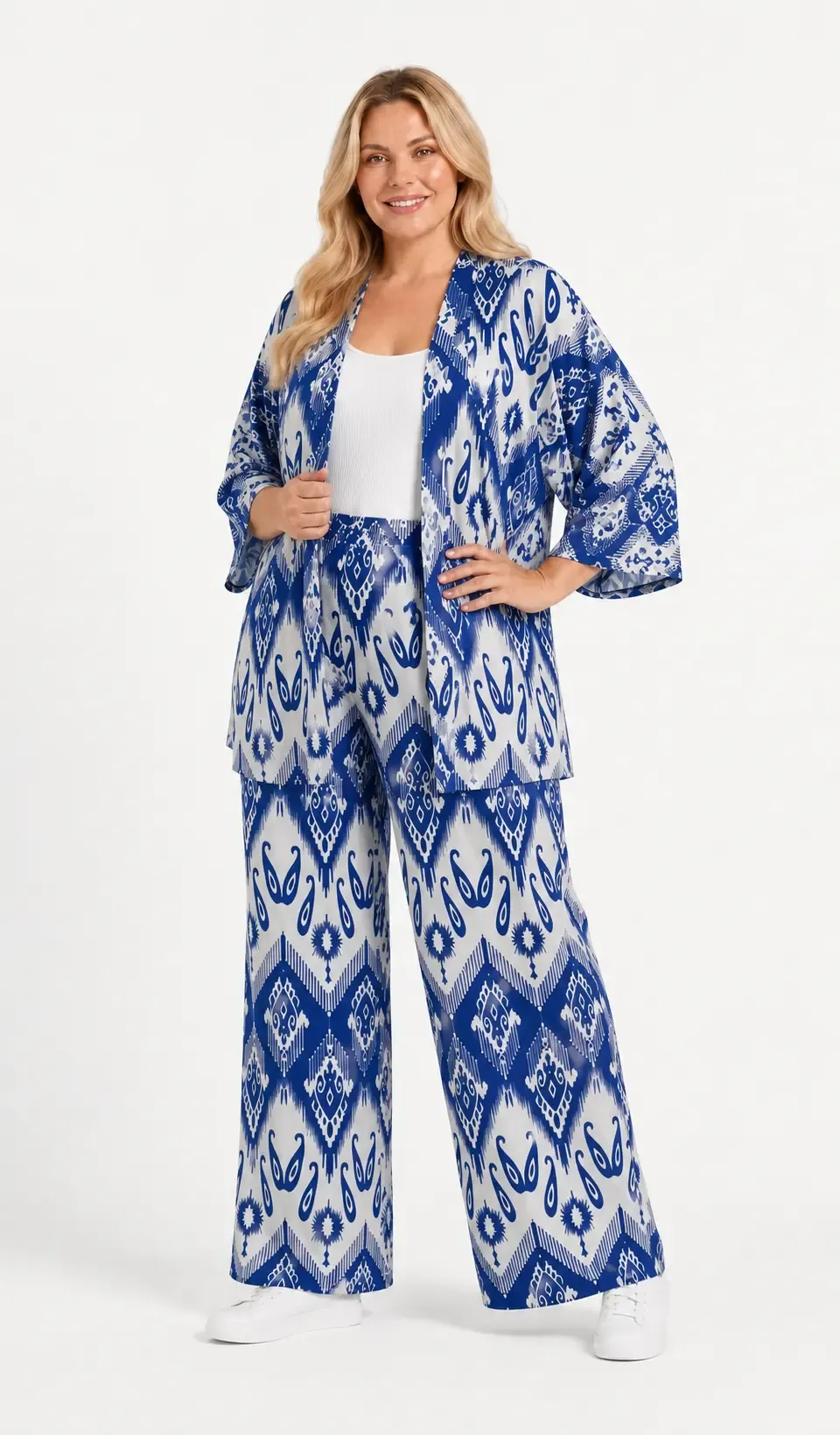 Kadın Büyük Beden Etnik Desenli Mavi Kimono Takım HZL26S-PR10181
