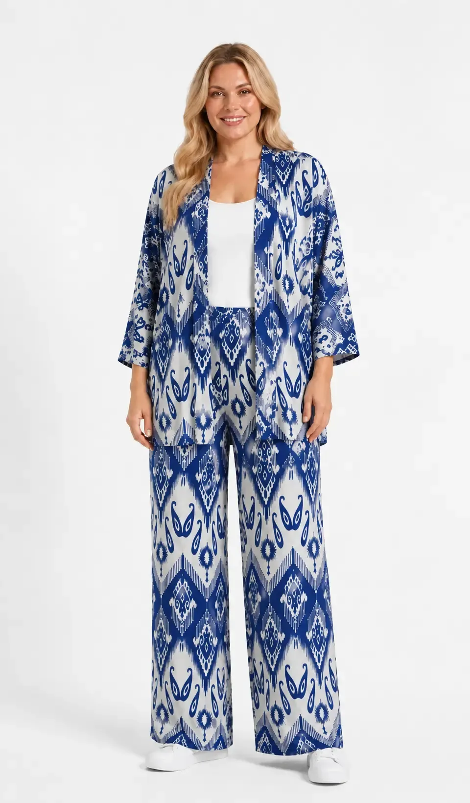 Kadın Büyük Beden Etnik Desenli Mavi Kimono Takım HZL26S-PR10181