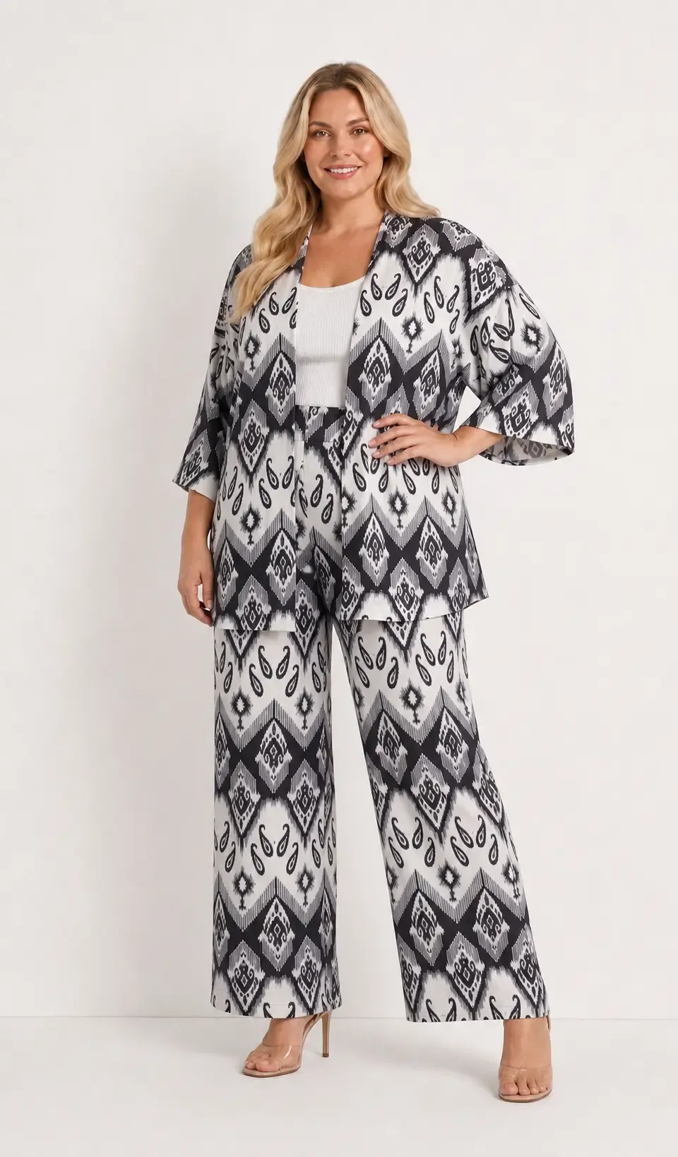Kadın Büyük Beden Etnik Desenli Siyah Kimono Takım HZL26S-PR10181