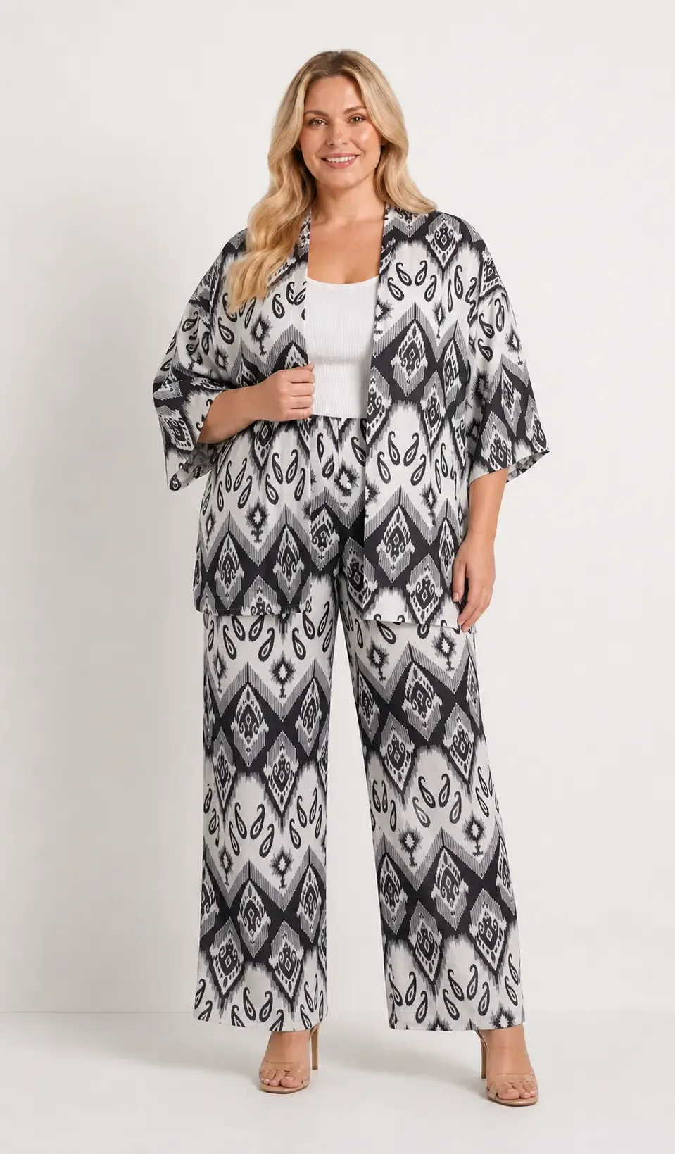 Kadın Büyük Beden Etnik Desenli Siyah Kimono Takım HZL26S-PR10181