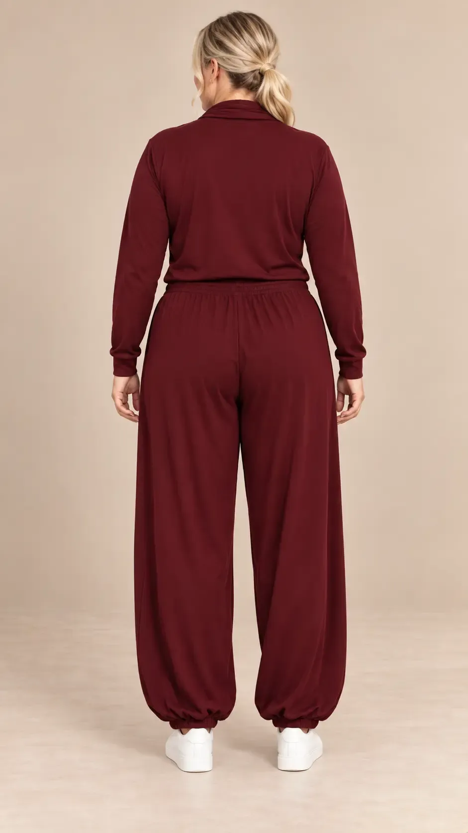 Kadın Büyük Beden Oysho Kumaş Bordo Şallı Bluz Lastikli Pantolon Üçlü Takım HZL26S-ZSS19911