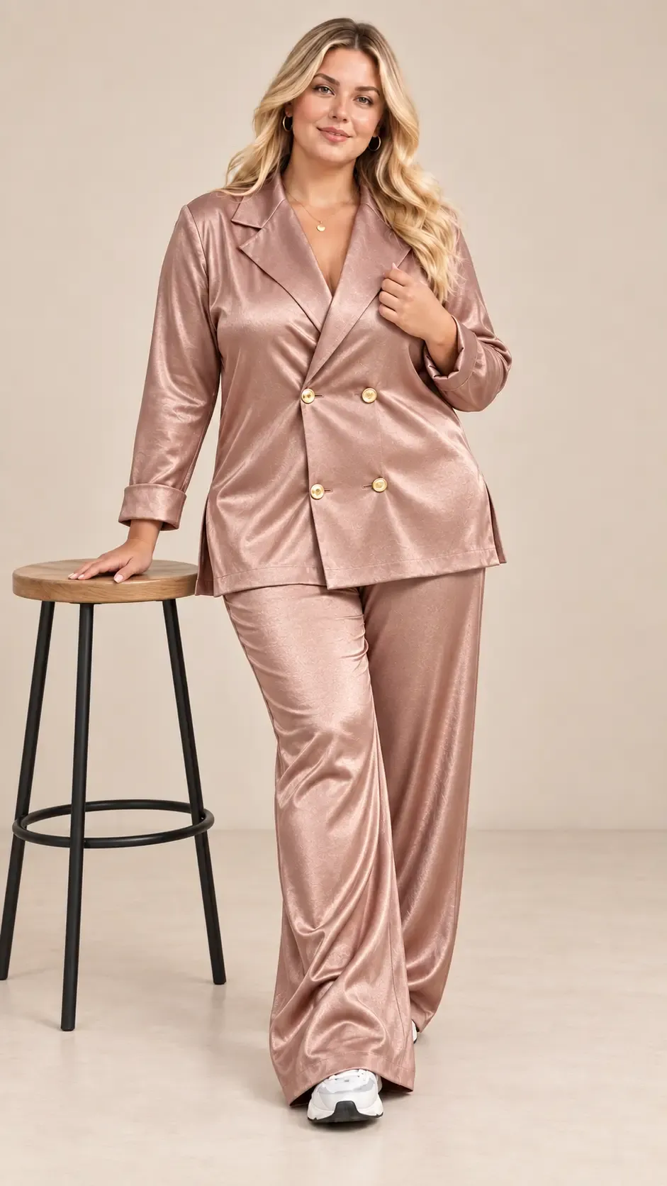 Kadın Büyük Beden RoseGold Saten Kumaş Kruvaze Yaka Gold Düğmeli Lastikli Pantolon Takımı HZL26S-ZSS111461