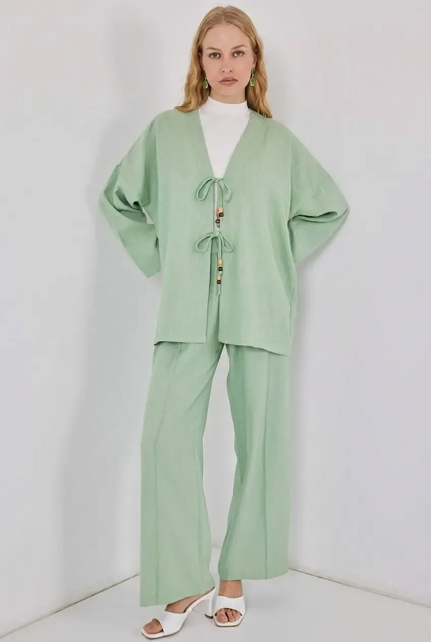 Kadın Çağla Yeşili Keten Bağlama Detaylı Kimono Pantolon İkili Takım HZL26S-BD167271