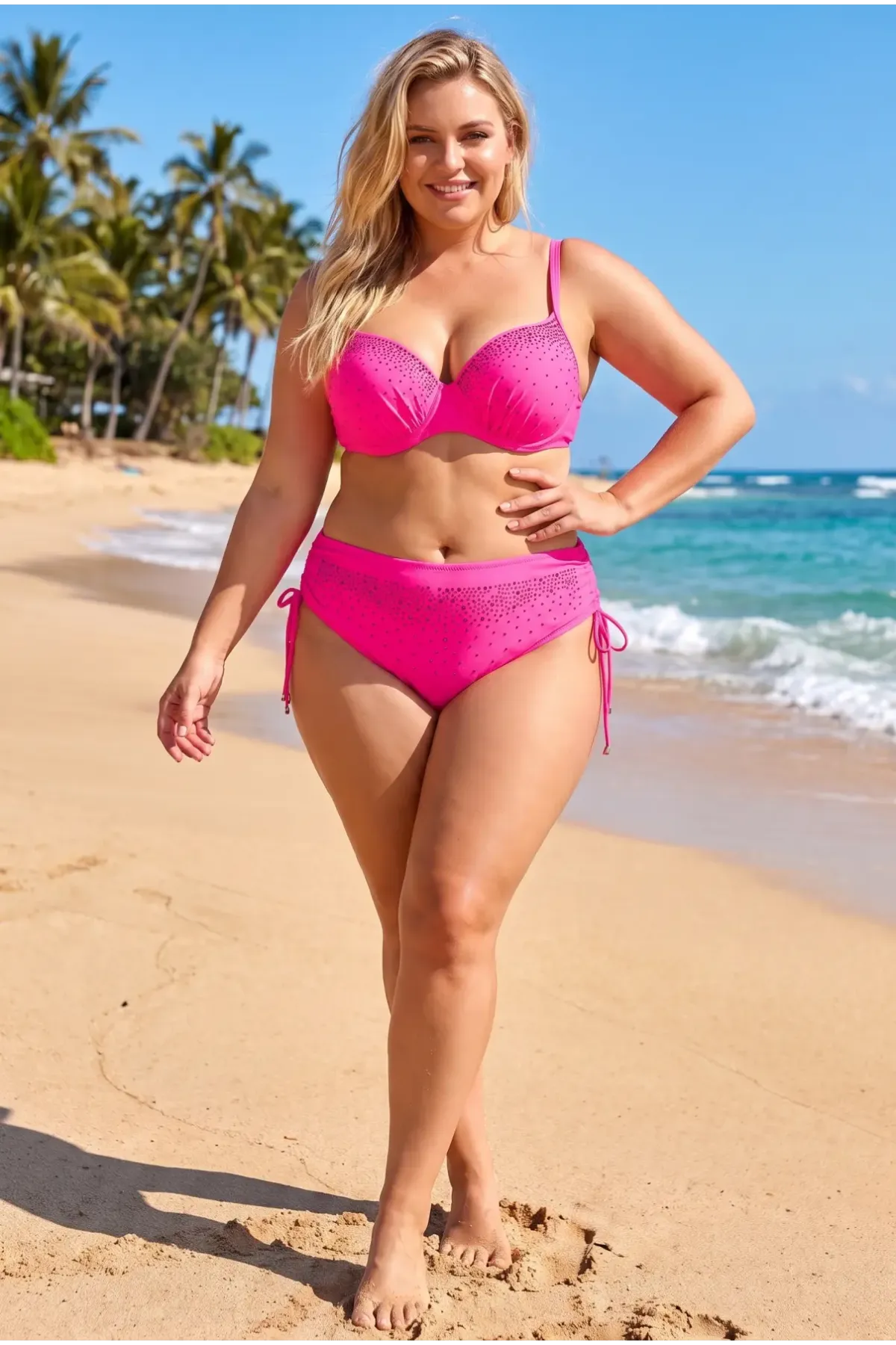 Kadın Canlı Pembe Büyük Beden Taş İşlemeli Astarlı Bikini Takım HZL25S-LC2099
