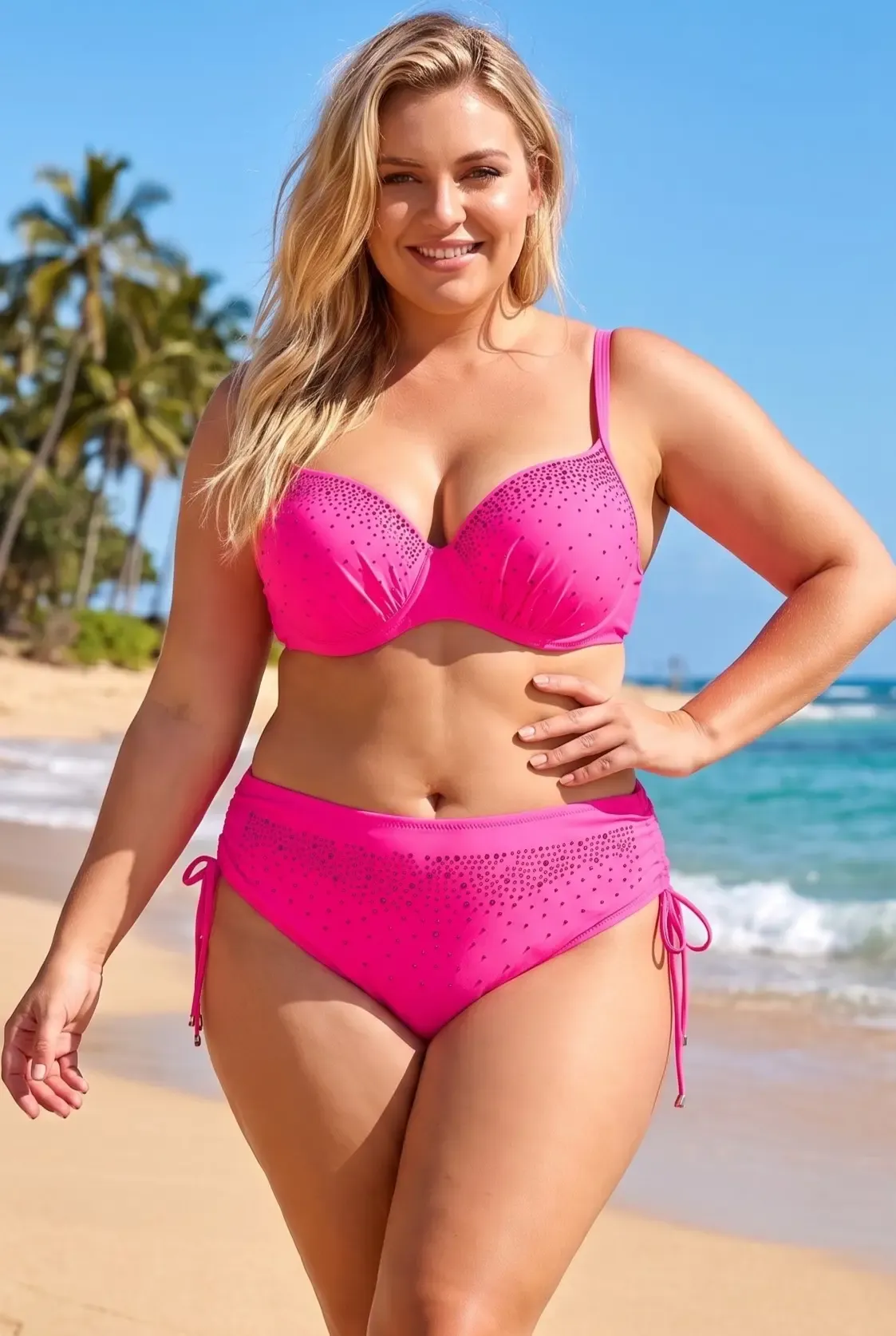 Kadın Canlı Pembe Büyük Beden Taş İşlemeli Astarlı Bikini Takım HZL25S-LC2099