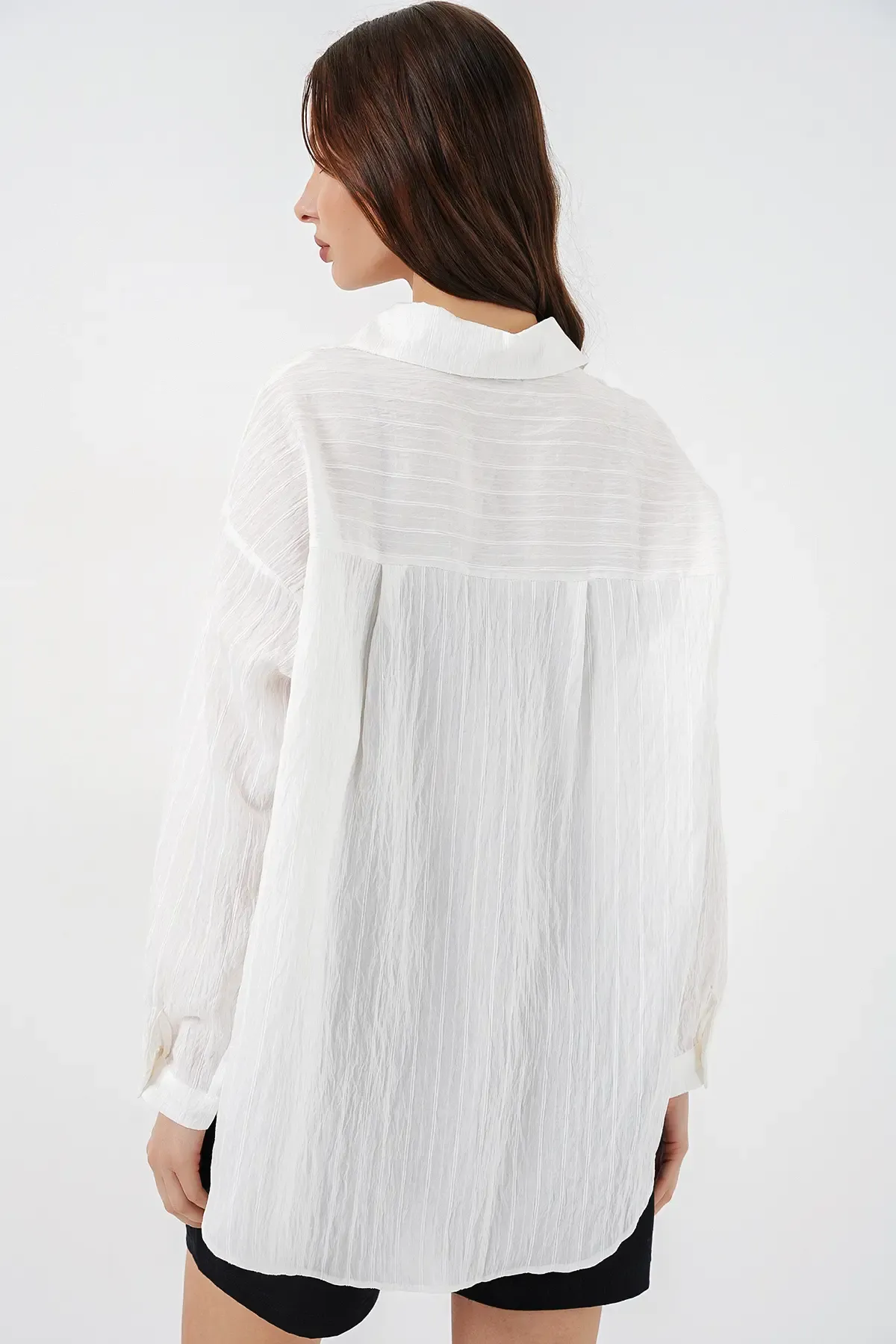 Kadın Çizgili Oversize Gömlek 20293 - Beyaz