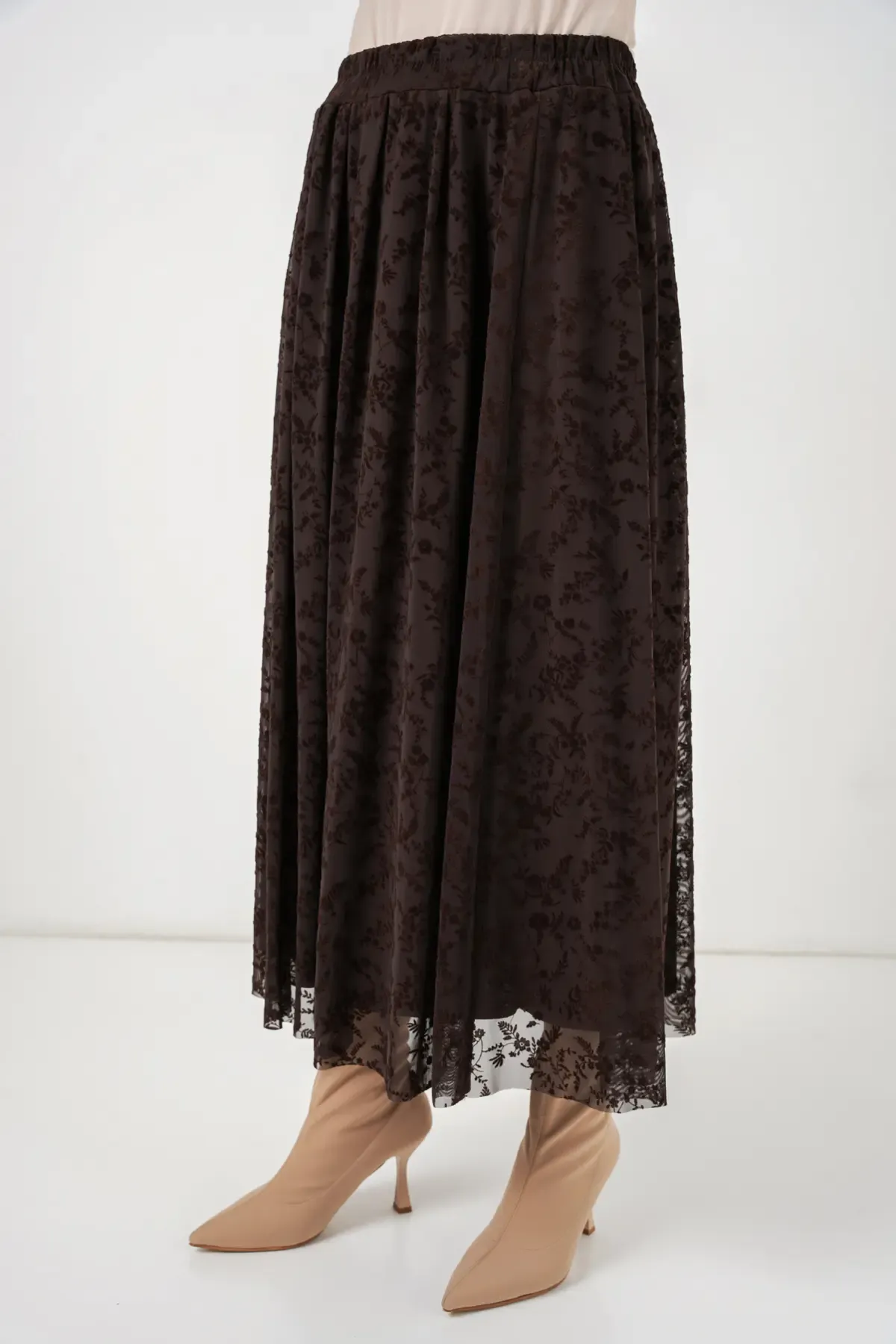 Kadın Flok Baskılı Astarlı Etek 8069 - Kahverengi