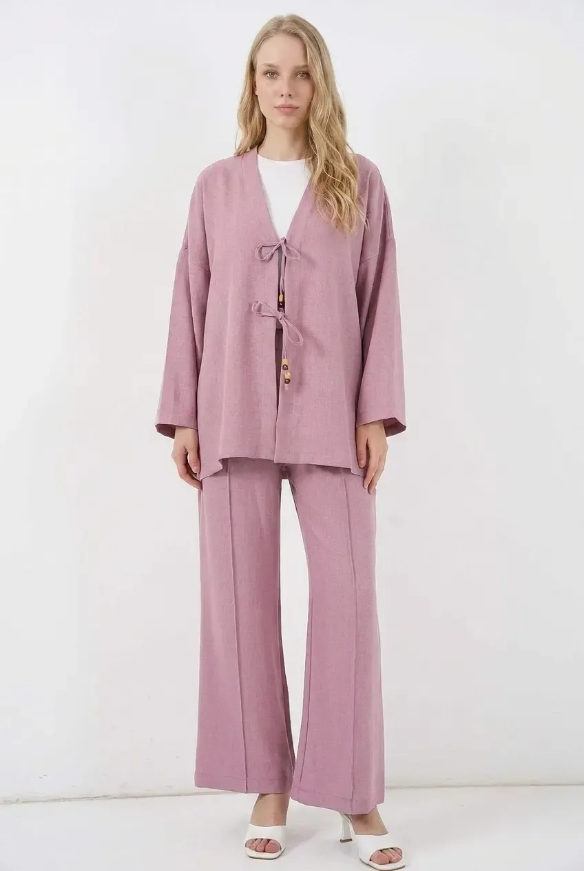 Kadın Gül Kurusu Keten Bağlama Detaylı Kimono Pantolon İkili Takım HZL26S-BD167271