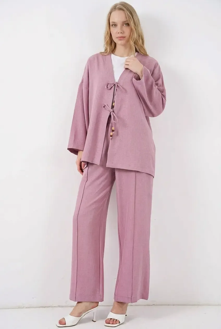 Kadın Gül Kurusu Keten Bağlama Detaylı Kimono Pantolon İkili Takım HZL26S-BD167271