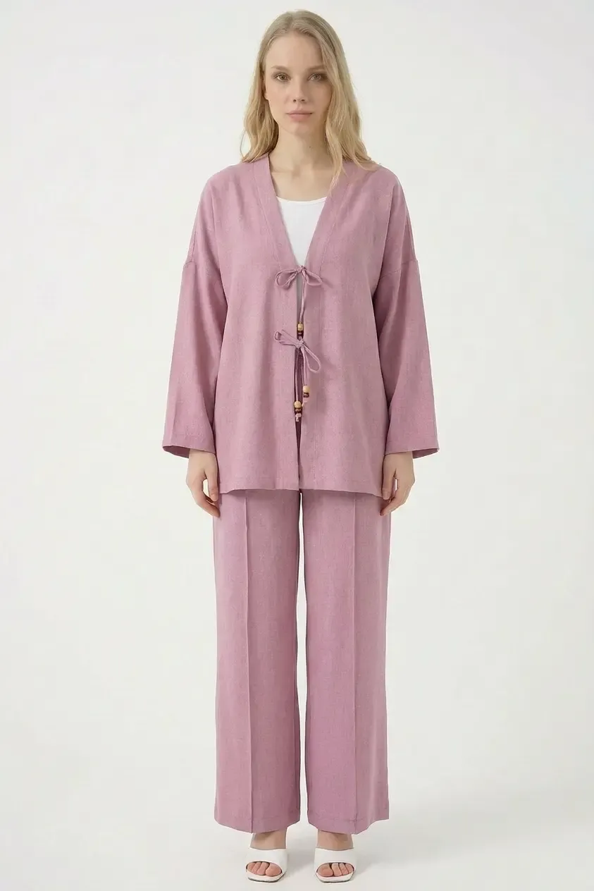 Kadın Gül Kurusu Keten Bağlama Detaylı Kimono Pantolon İkili Takım HZL26S-BD167271
