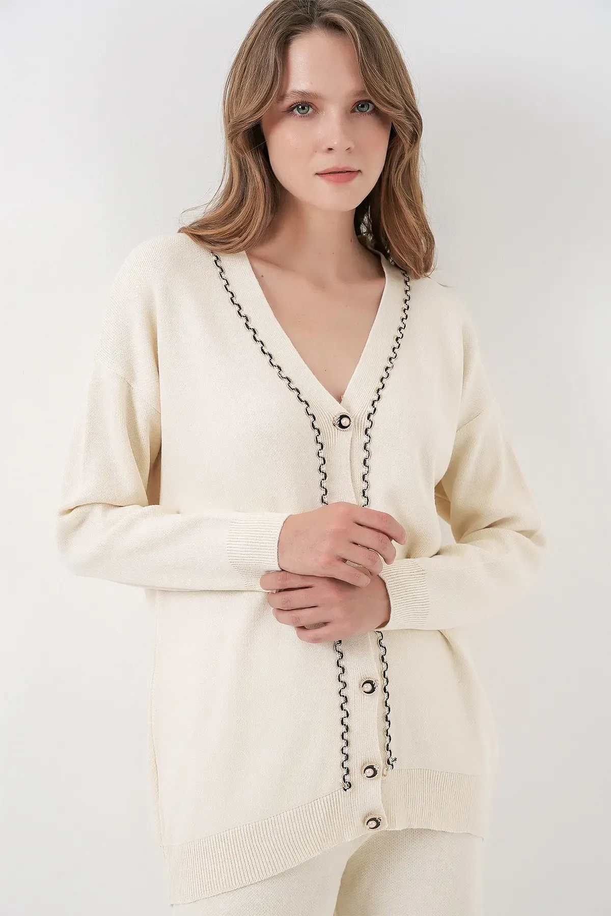 Kadın Hırka Pantolon Triko İkili Takım 15956 - Ekru