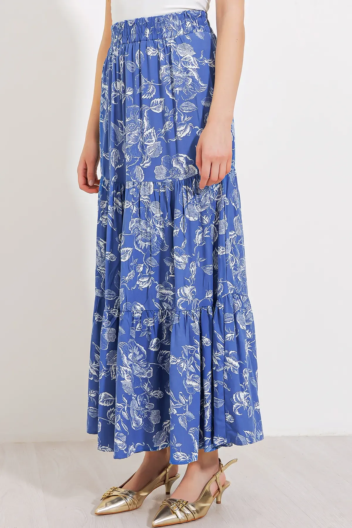Kadın İndigo Desenli Uzun Viskon Etek 1898