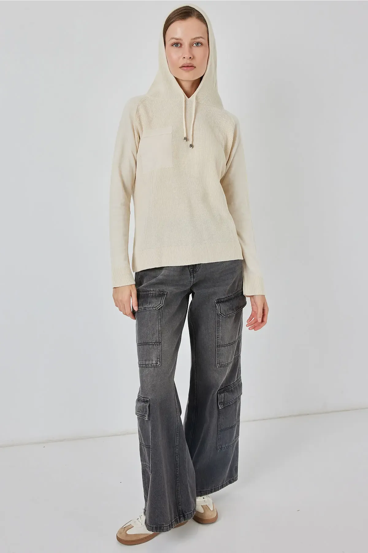 Kadın Kapüşonlu Triko Kazak 15941 - Ekru