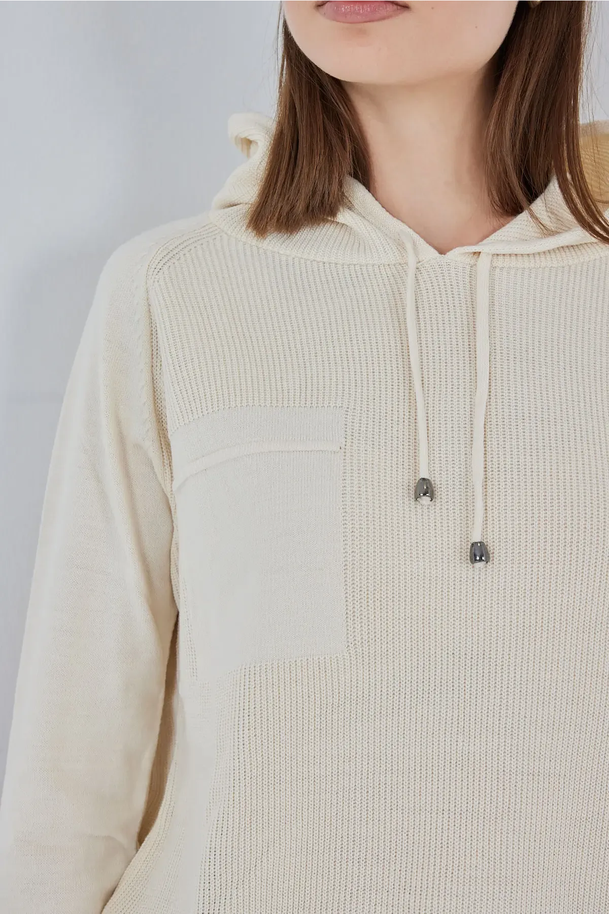 Kadın Kapüşonlu Triko Kazak 15941 - Ekru