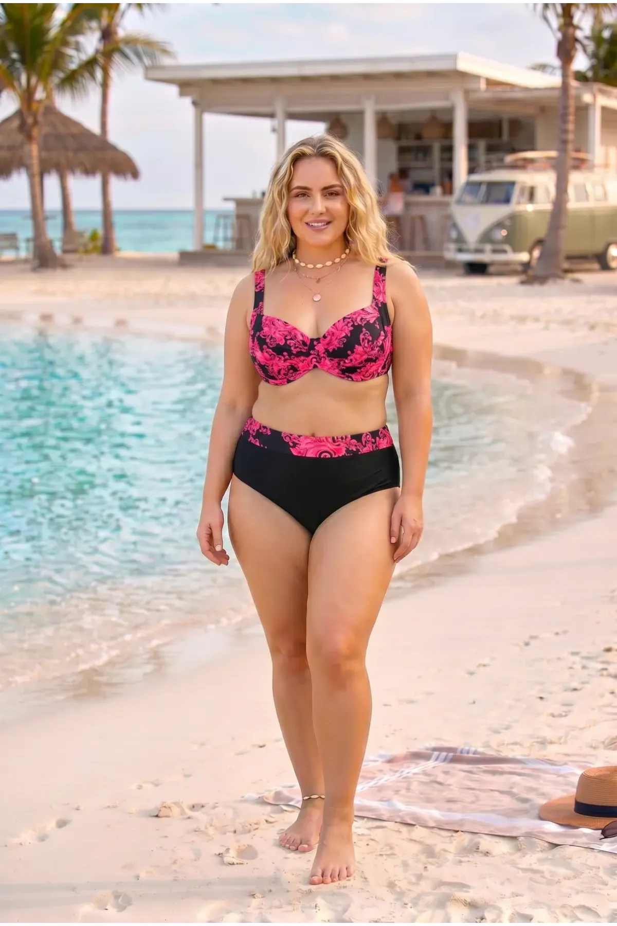 Kadın Kırmızı Siyah Büyük Beden Barok Desenli Yüksel Bel Toparlayıcı Bikini Takımı HZL26S-LC6138-2