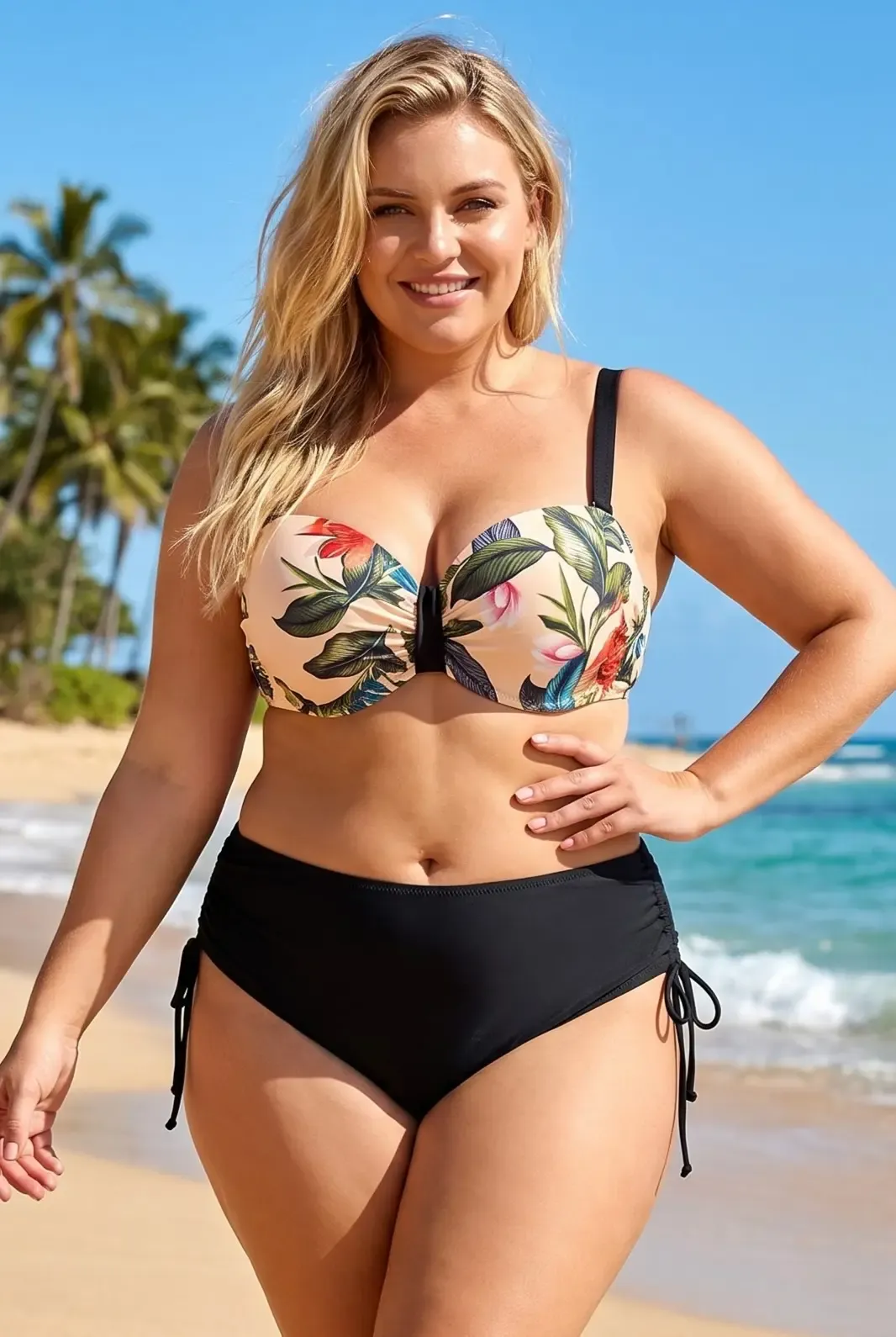 Kadın Krem Siyah Yaprak Desen Büyük Beden Bikini Takım HZL26S-LC3332