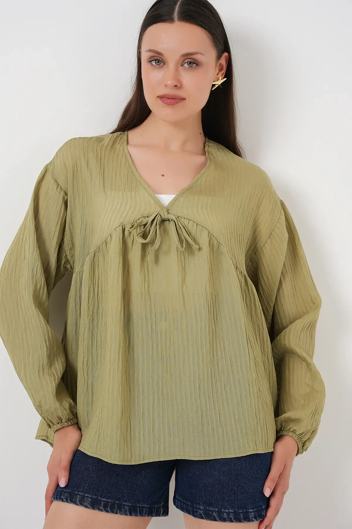 Kadın Önü Bağcıklı Uzun Kol Bluz 946 - Çağla