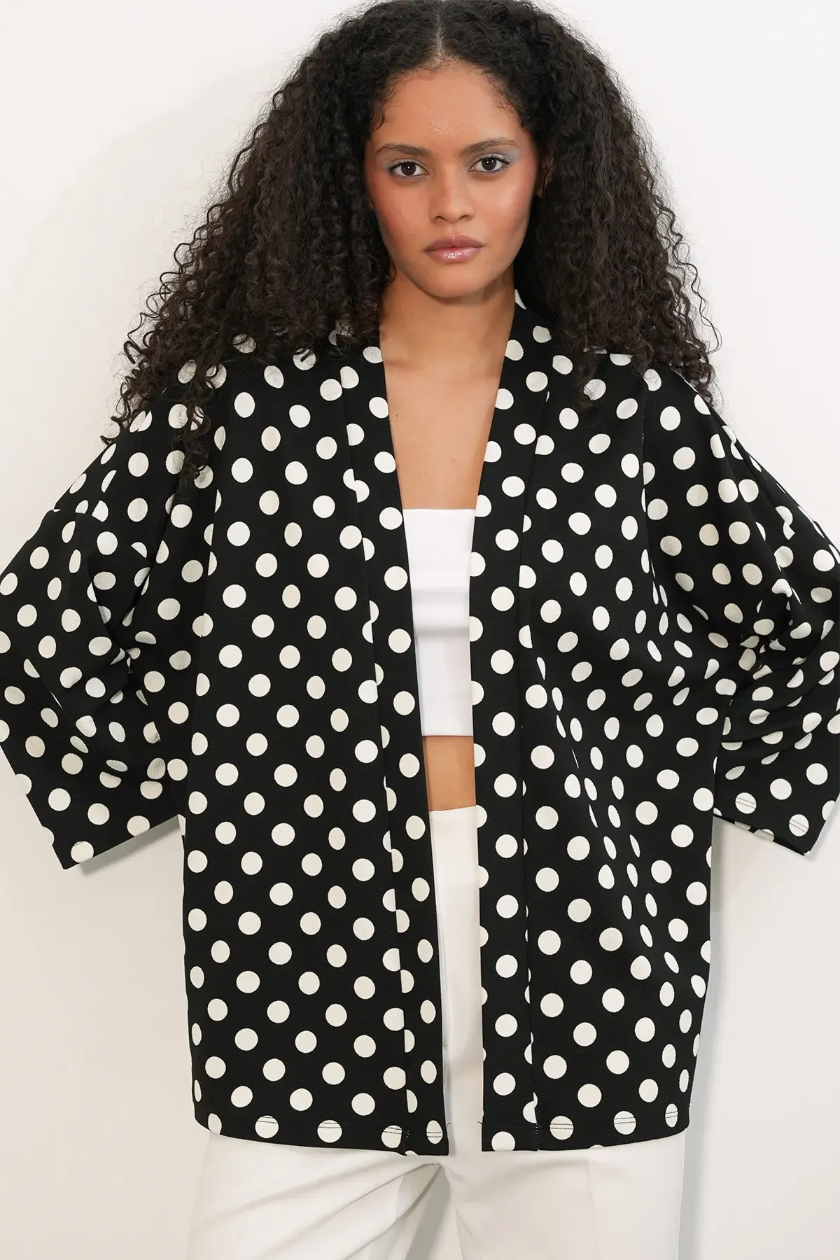 Kadın Örme Puantiyeli Kimono 5996 - Siyah