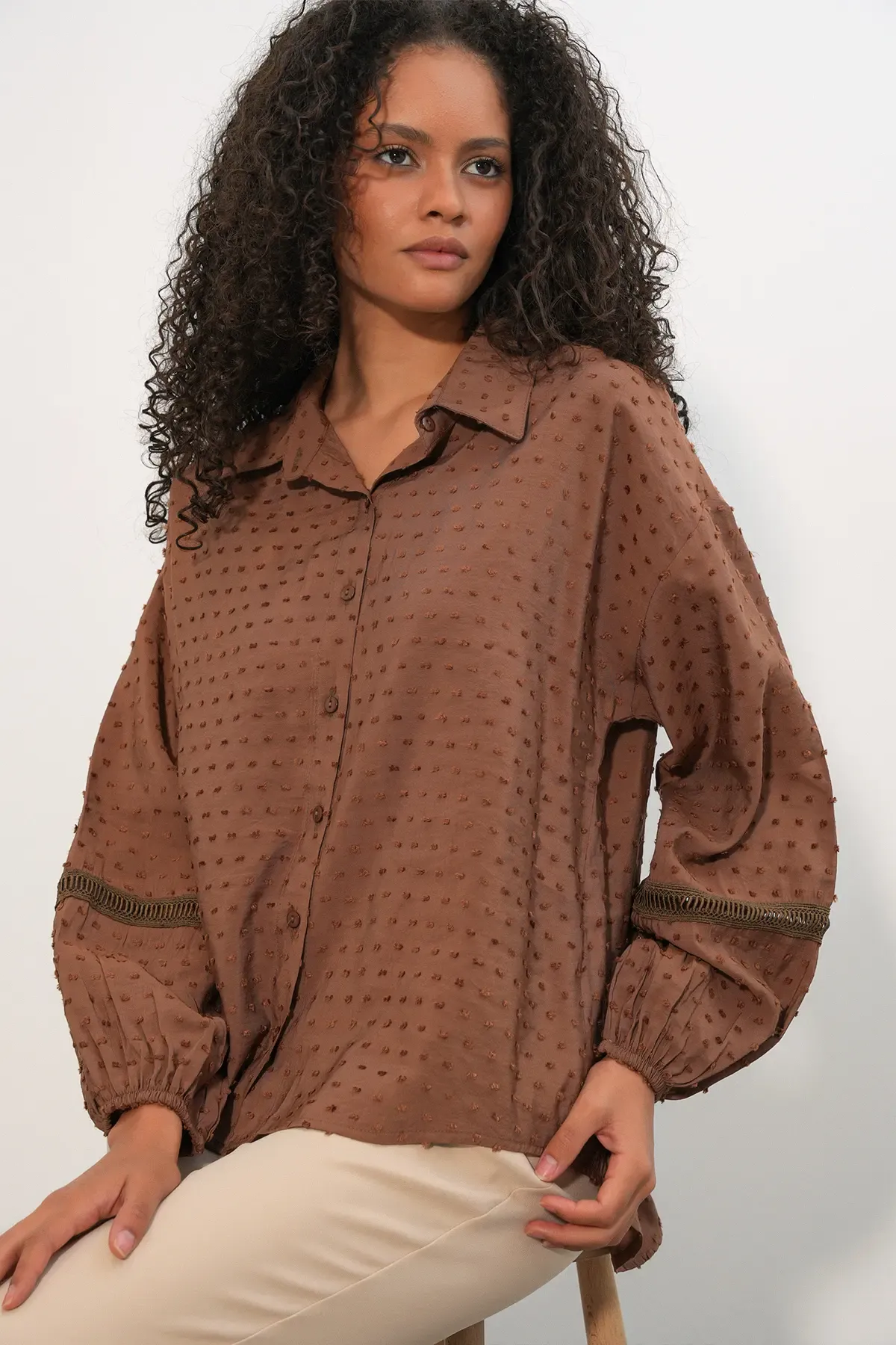 Kadın Oversize Desenli Gömlek 20379 - Taba