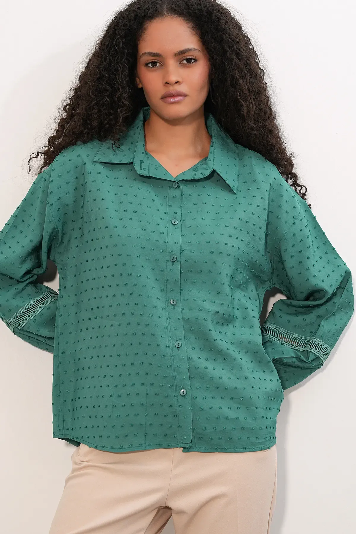 Kadın Oversize Desenli Gömlek 20379 - Zümrüt Yeşili