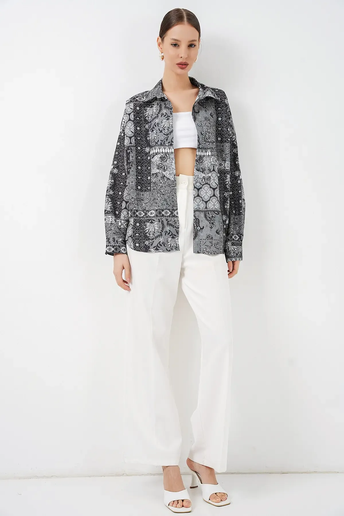 Kadın Oversize Desenli Saten Gömlek 20365 - Antrasit