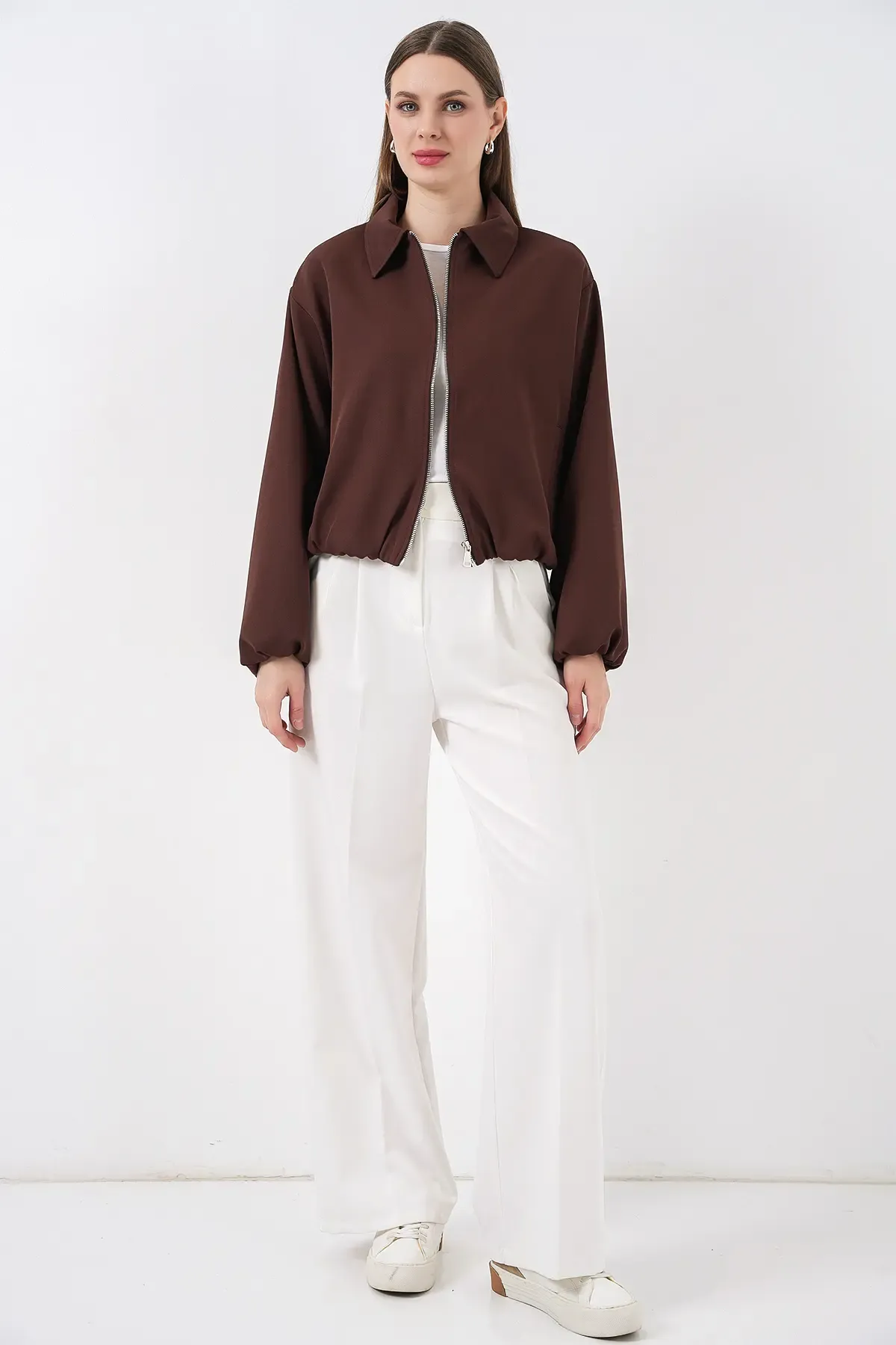 Kadın Oversize Fermuarlı Ceket 0735 - Kahverengi