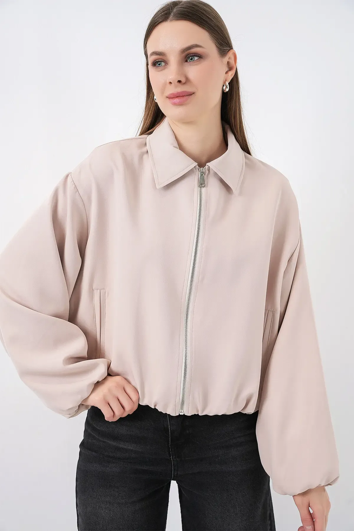 Kadın Oversize Fermuarlı Ceket 0735 - Krem