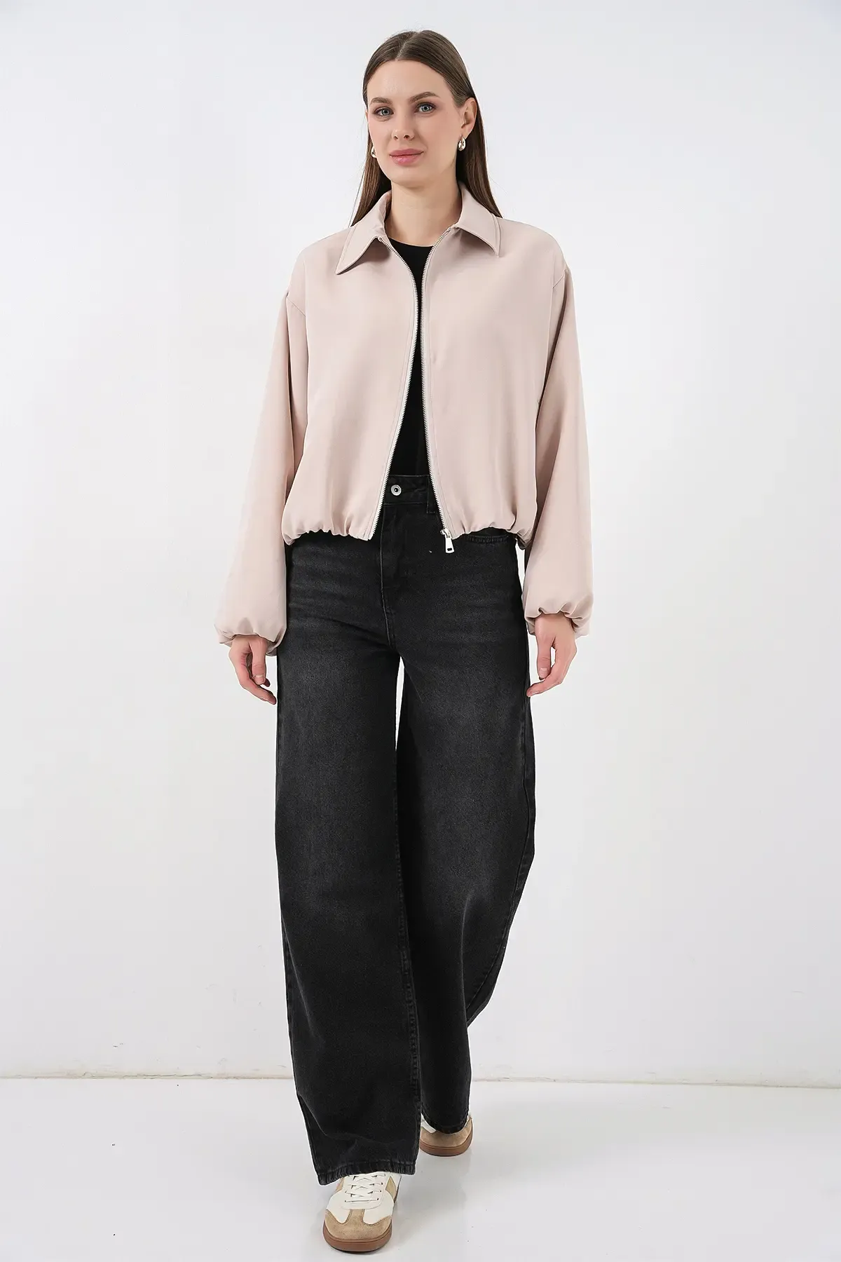 Kadın Oversize Fermuarlı Ceket 0735 - Krem