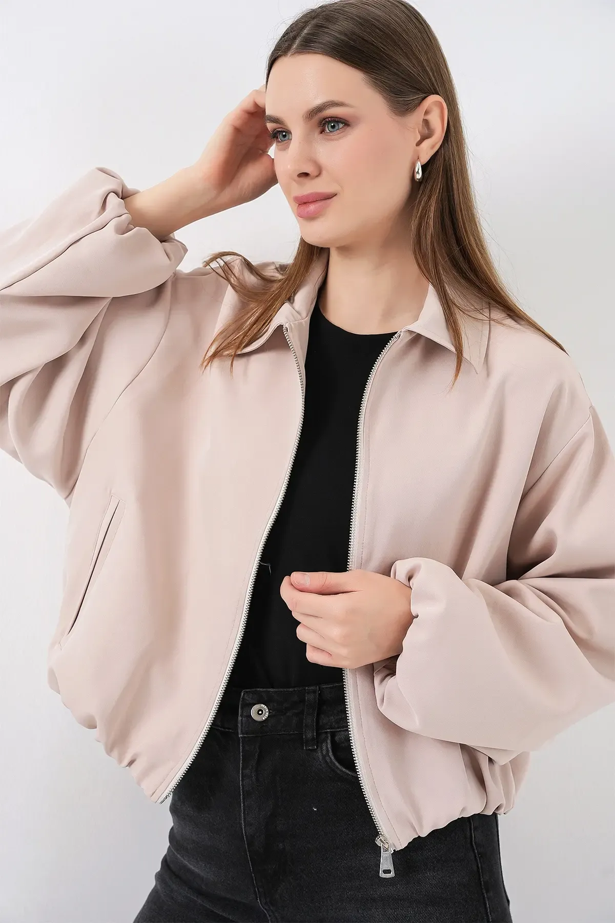 Kadın Oversize Fermuarlı Ceket 0735 - Krem