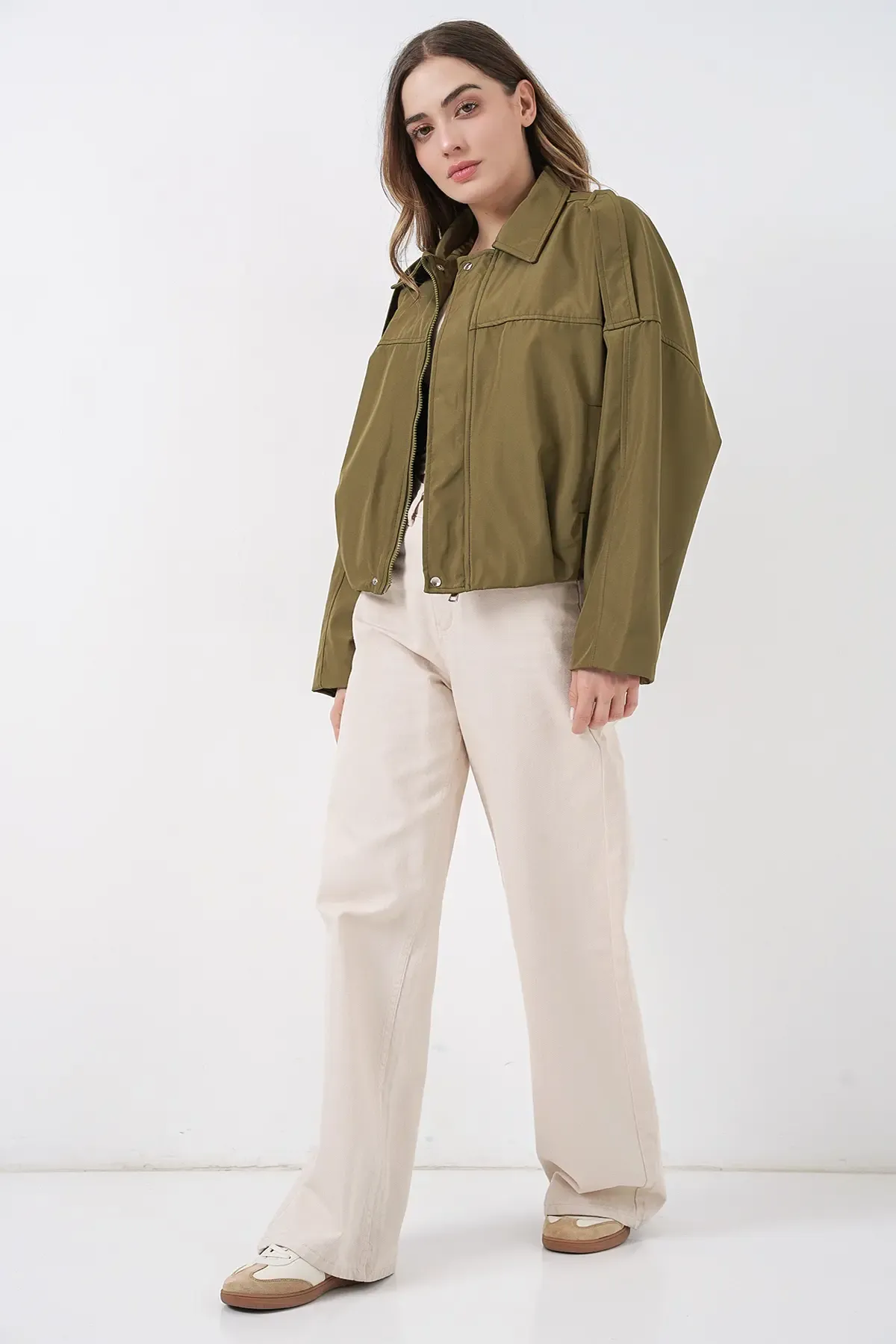 Kadın Oversize Kısa Ceket 0732 - Haki