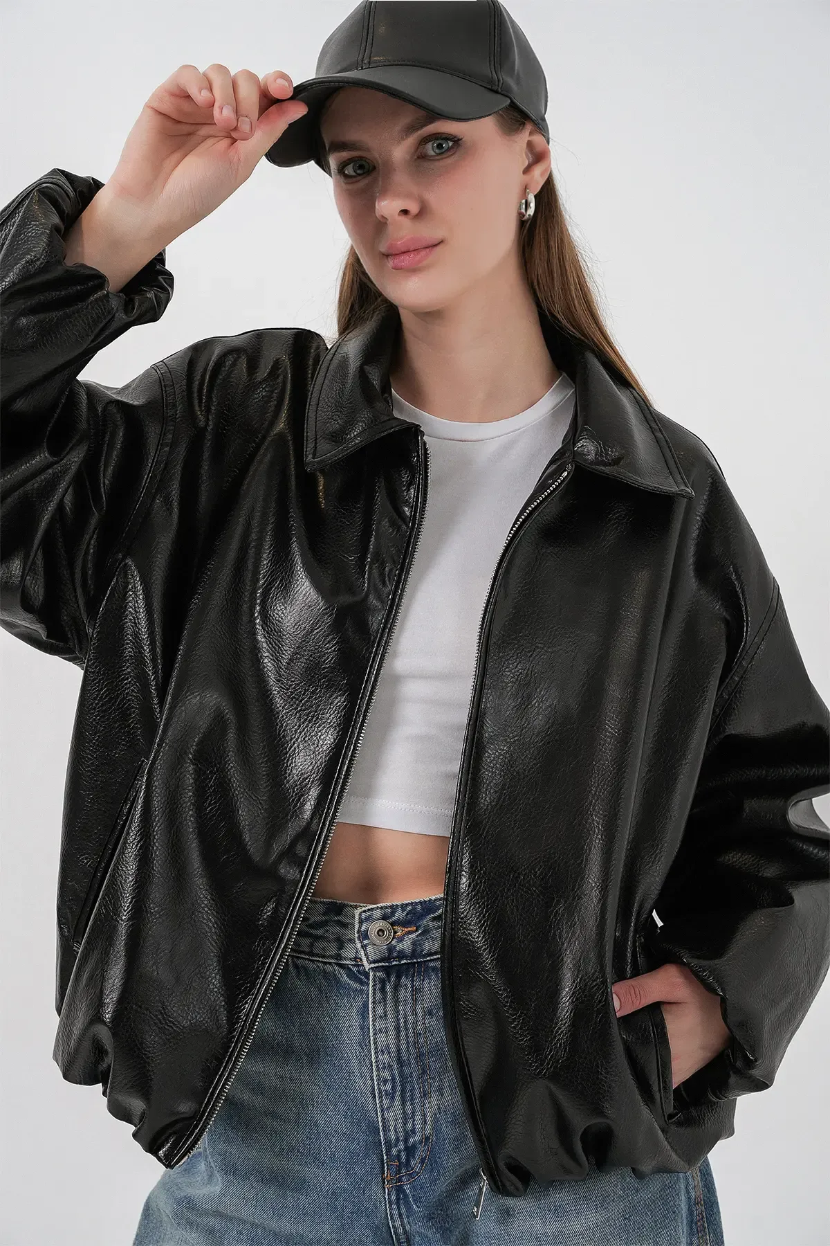 Kadın Oversize Suni Deri Ceket 1049 - Siyah