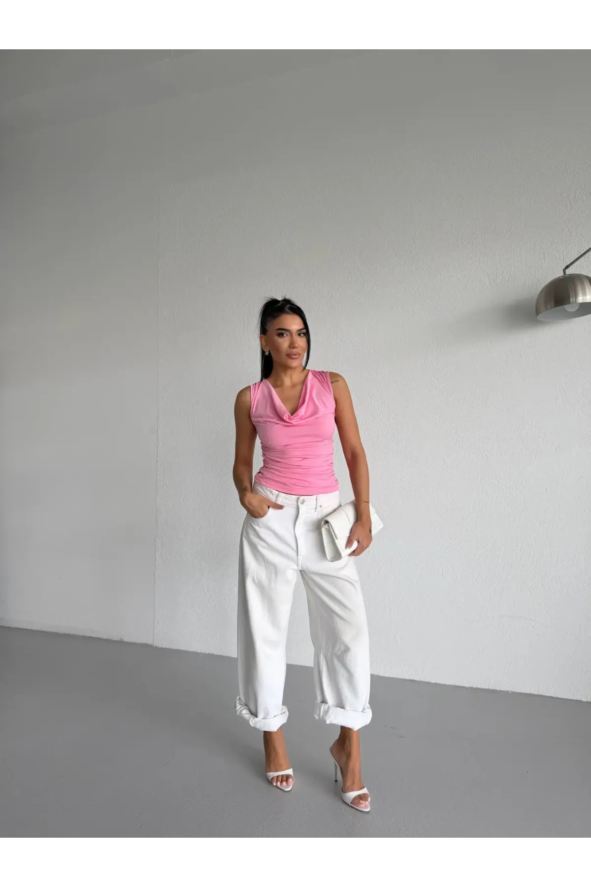 Kadın Pembe Degaje Yaka Yanlardan Drapeli Sandy Bluz HZL25S-FRY123131