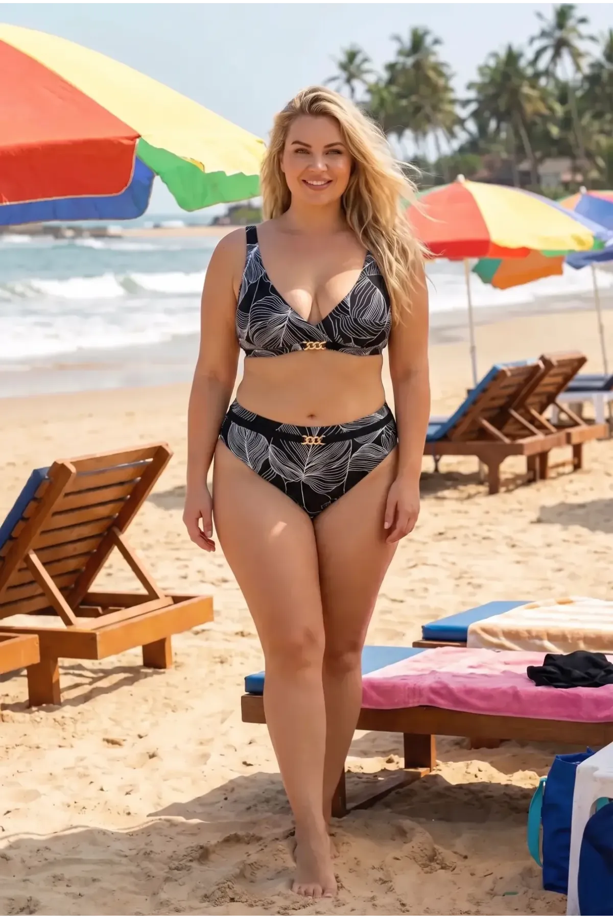 Kadın Siyah Beyaz Aksesuar Detaylı Astarlı Büyük Beden Bikini Takımı HZL25S-LC25147