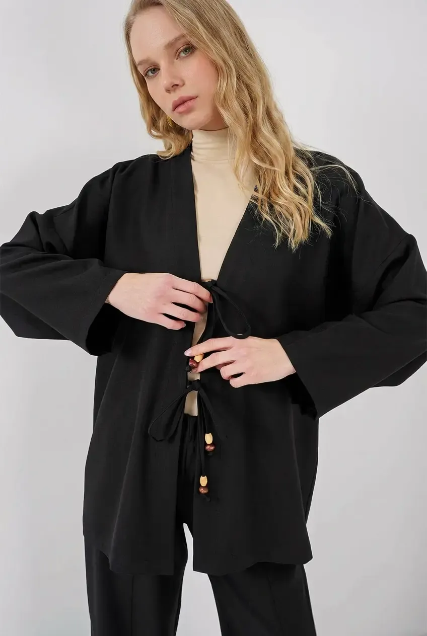 Kadın Siyah Keten Bağlama Detaylı Kimono Pantolon İkili Takım HZL26S-BD167271