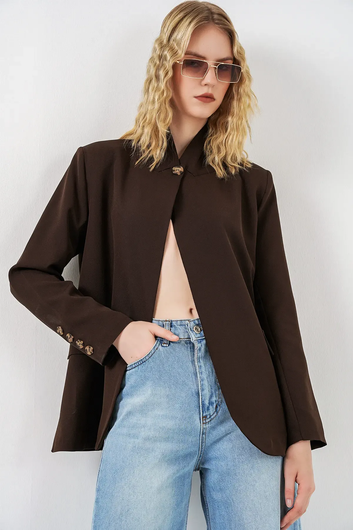 Kadın Tek Düğmeli Oversize Blazer Ceket 0749 - Kahverengi