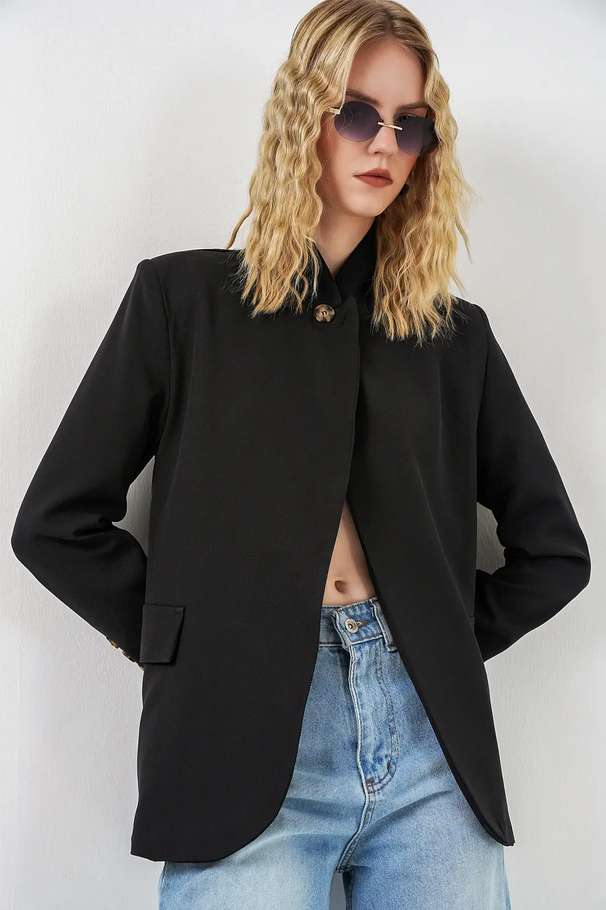 Kadın Tek Düğmeli Oversize Blazer Ceket 0749 - Siyah