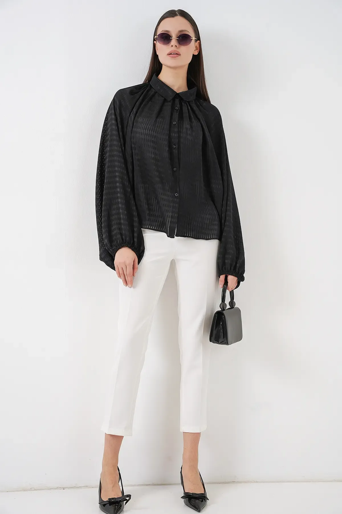 Kadın Yarasa Kol Oversize Gömlek 20368 - Siyah