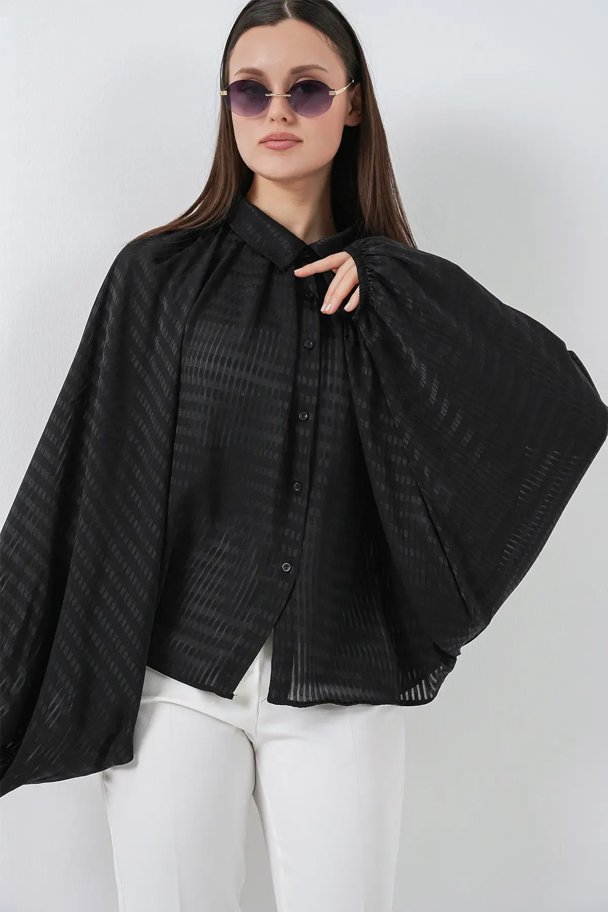 Kadın Yarasa Kol Oversize Gömlek 20368 - Siyah