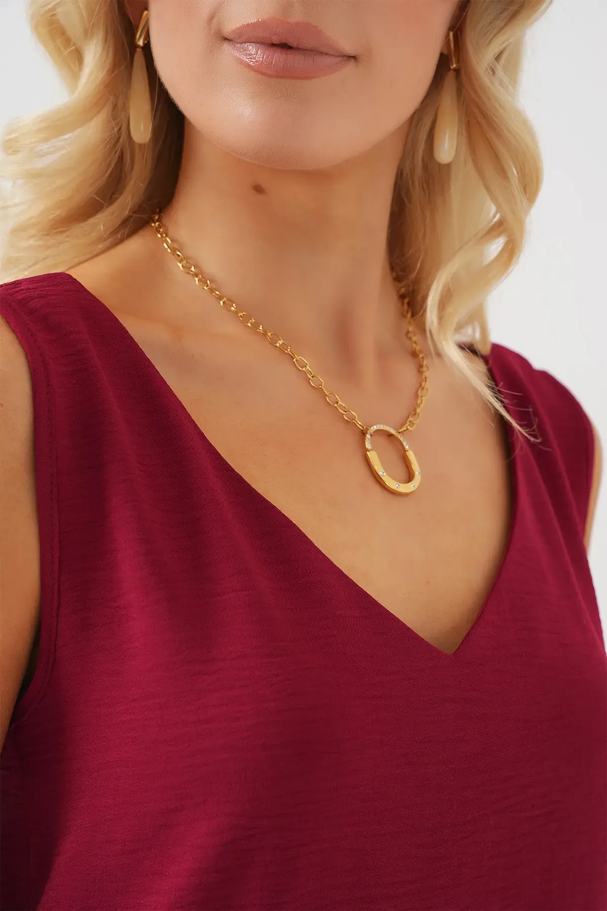 V Yaka Sıfır Kol Bluz 950 - Bordo