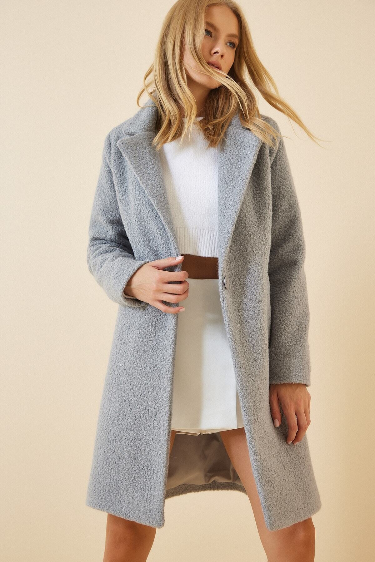 Kadın Açık Gri Tek Düğmeli Çift Cepli Astarlı Buklet Kaşe Kaban HZL22W-BD190821