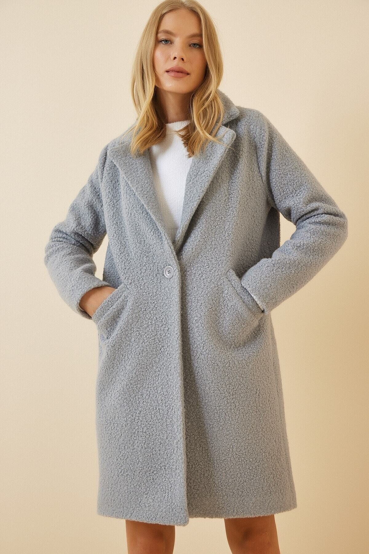 Kadın Açık Gri Tek Düğmeli Çift Cepli Astarlı Buklet Kaşe Kaban HZL22W-BD190821